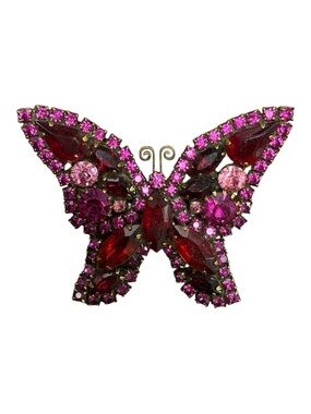 Unsigned Weiss Pink and Red Butterfly Rhinestone Brooch